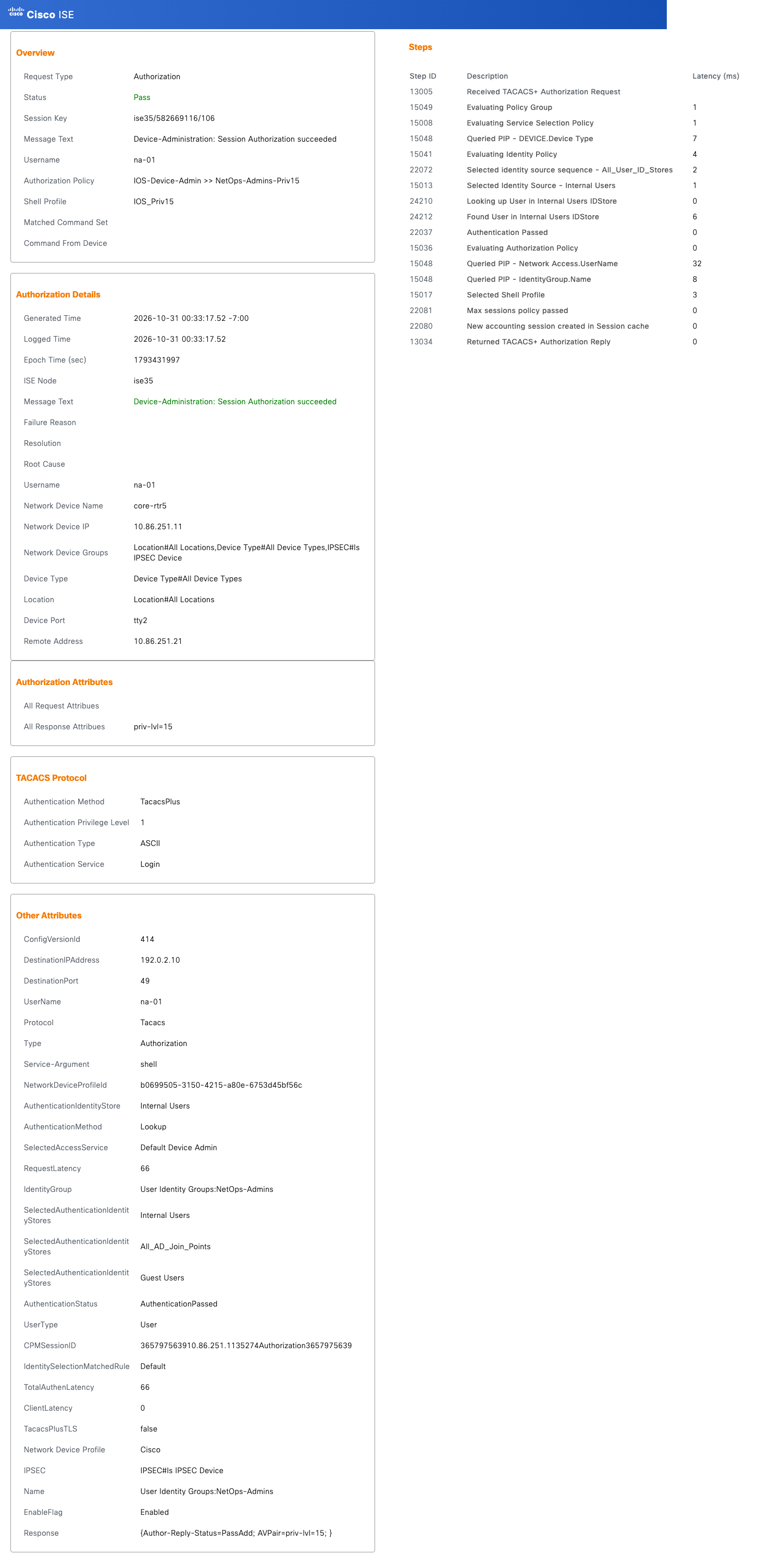 TACACS authorization detail for na-01: IOS-Device-Admin policy set, shell profile IOS_Priv15