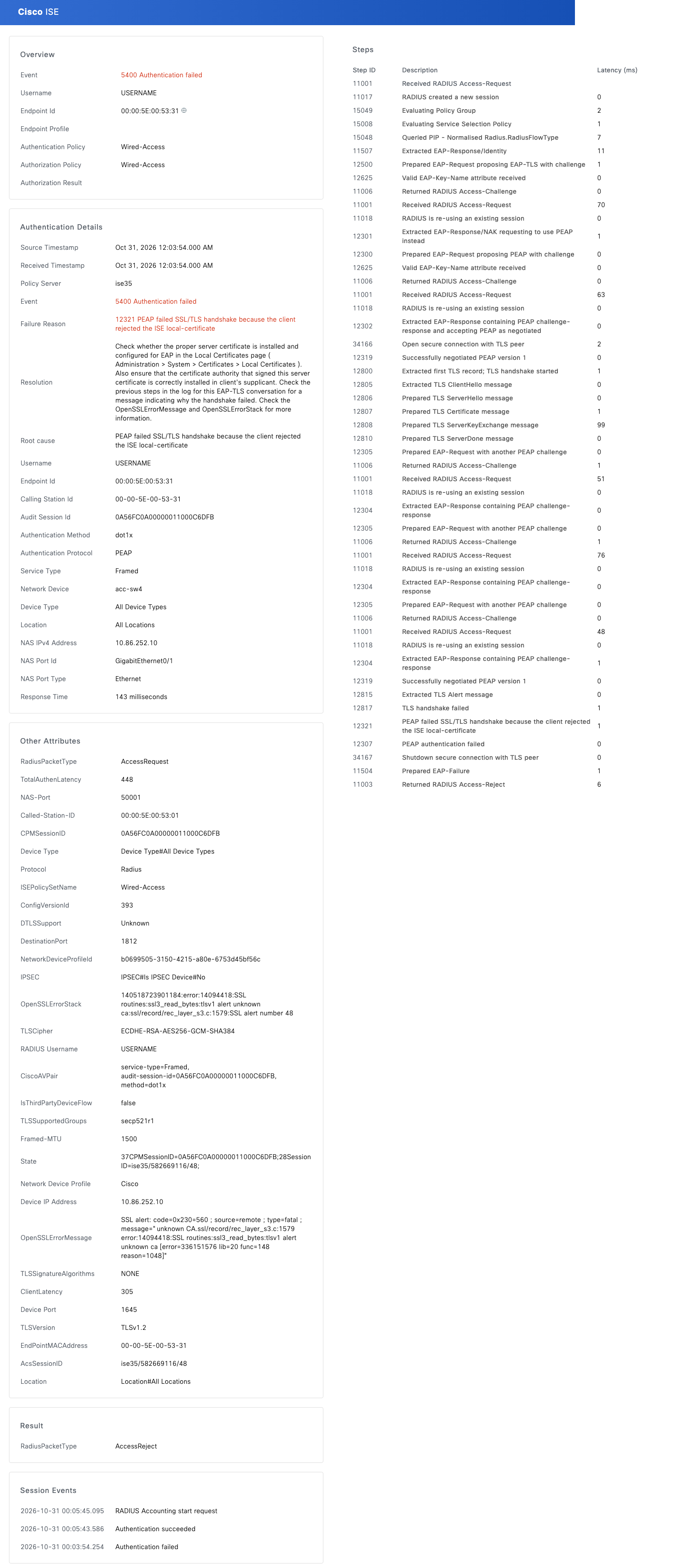 Case D: 5400 with 12321, client rejected the ISE certificate
