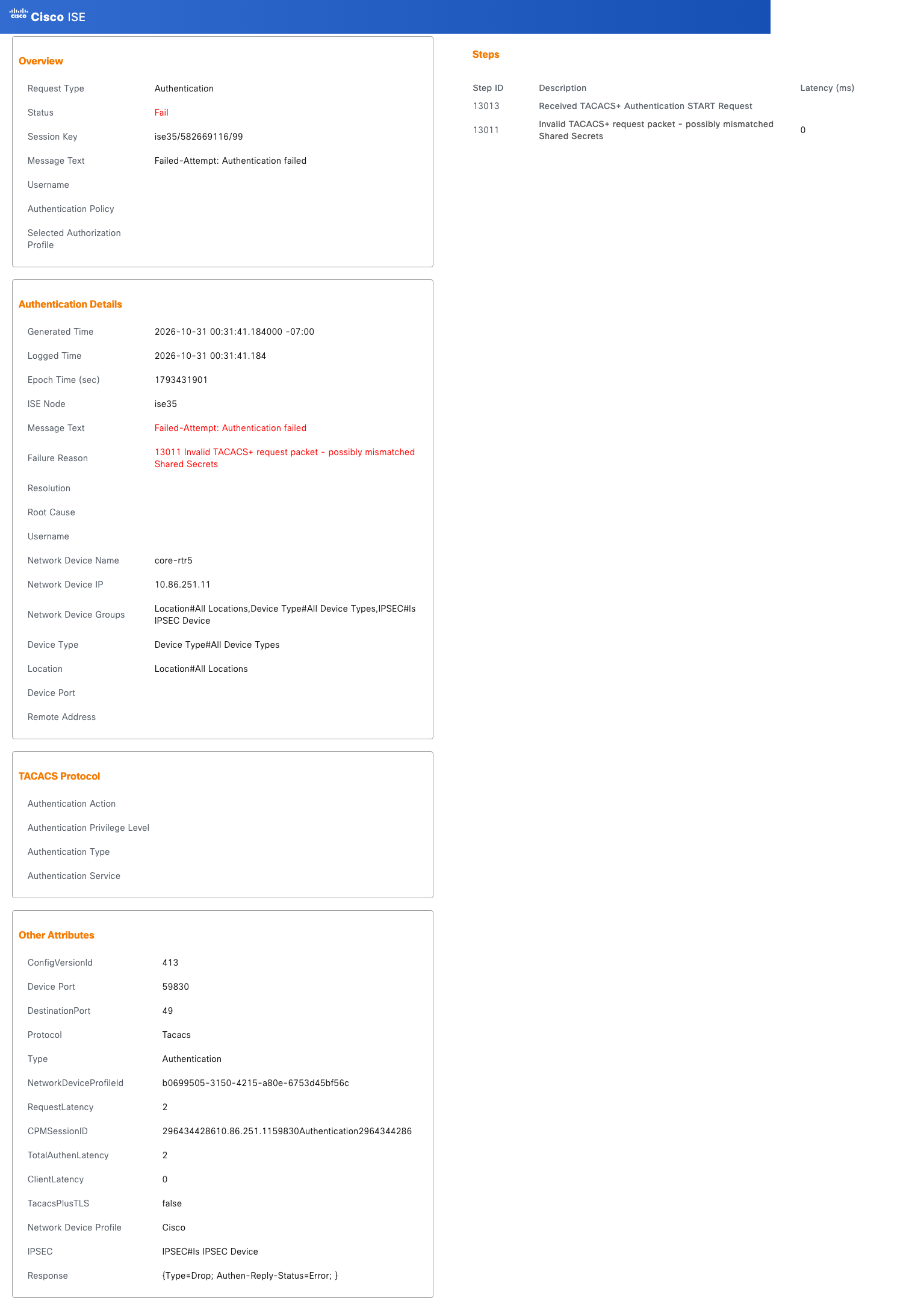 TACACS authentication detail: 13011 Invalid TACACS+ request packet - possibly mismatched Shared Secrets from core-rtr5