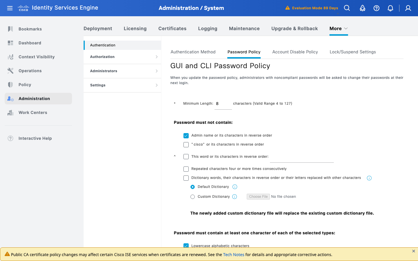 Cisco ISE 3.5 GUI and CLI password policy under Admin Access
