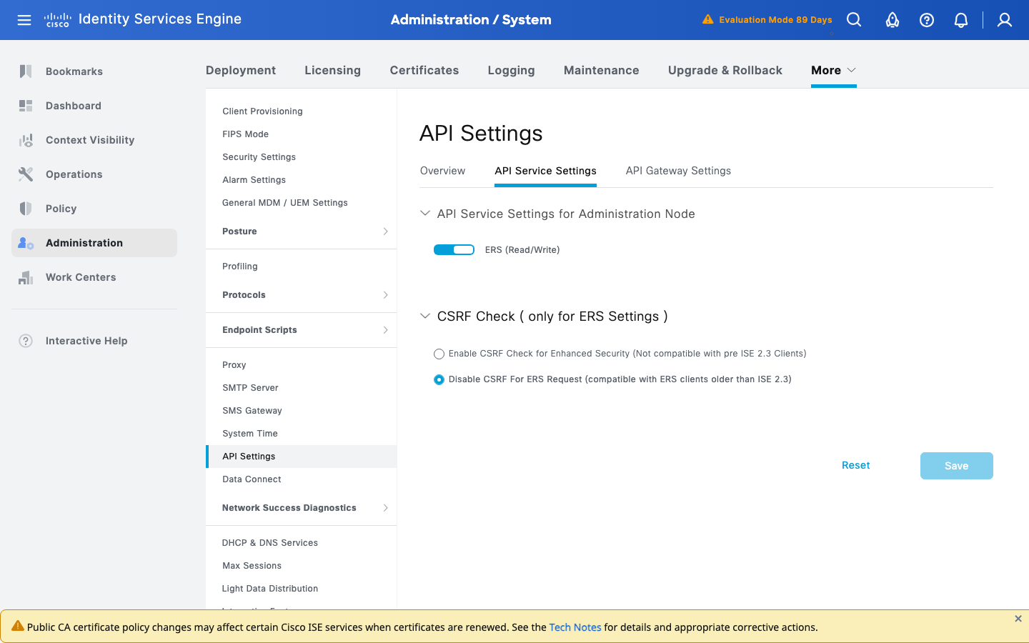 Cisco ISE 3.5 API Service Settings with ERS Read/Write enabled