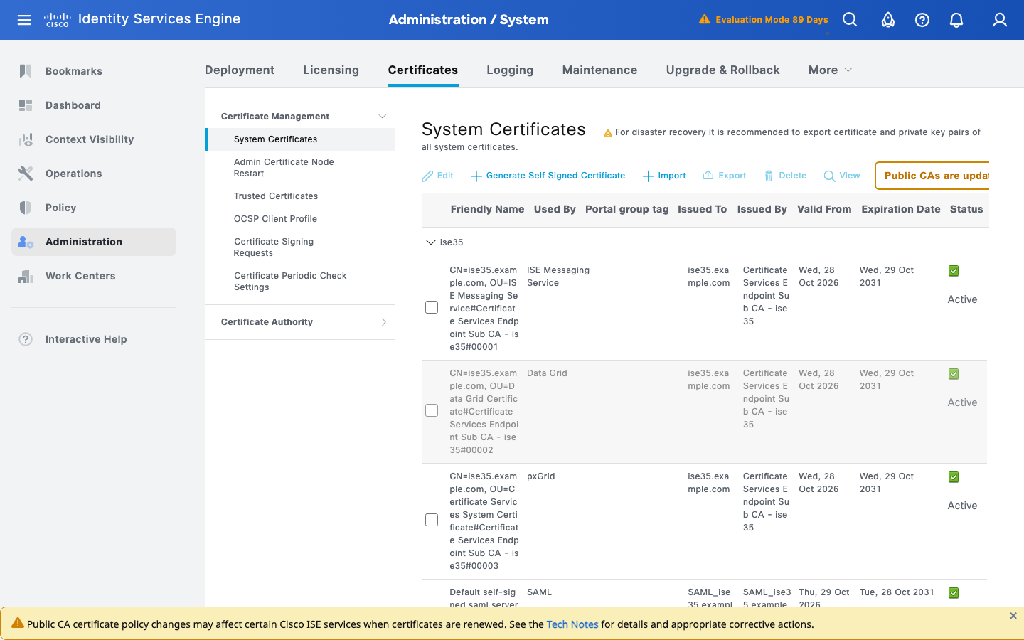 Cisco ISE 3.5 System Certificates list on a new node