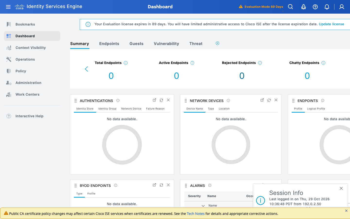 Cisco ISE 3.5 dashboard in Evaluation Mode with 89 days left and no endpoints