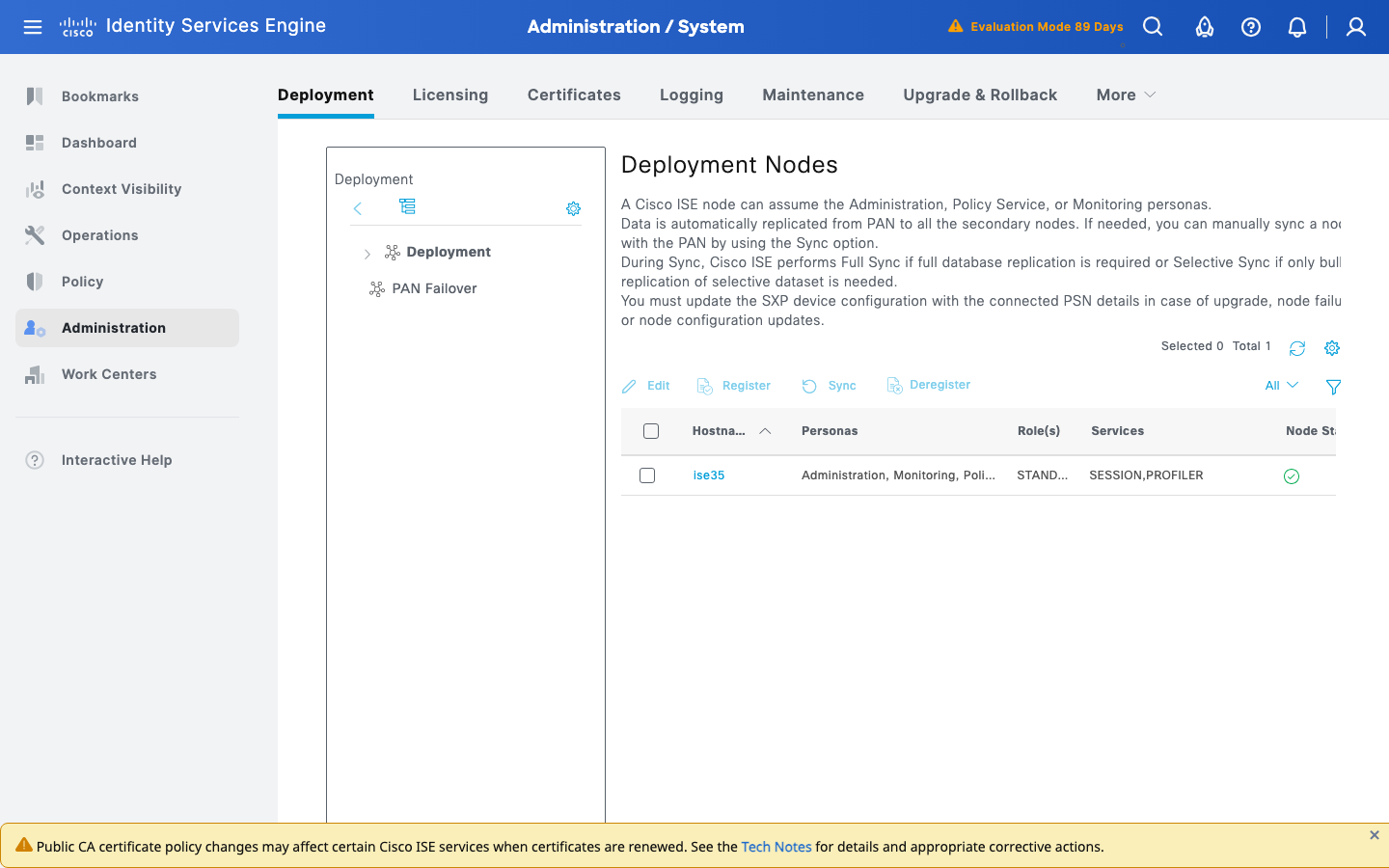 Cisco ISE 3.5 Deployment page showing one standalone node ise35 with all personas