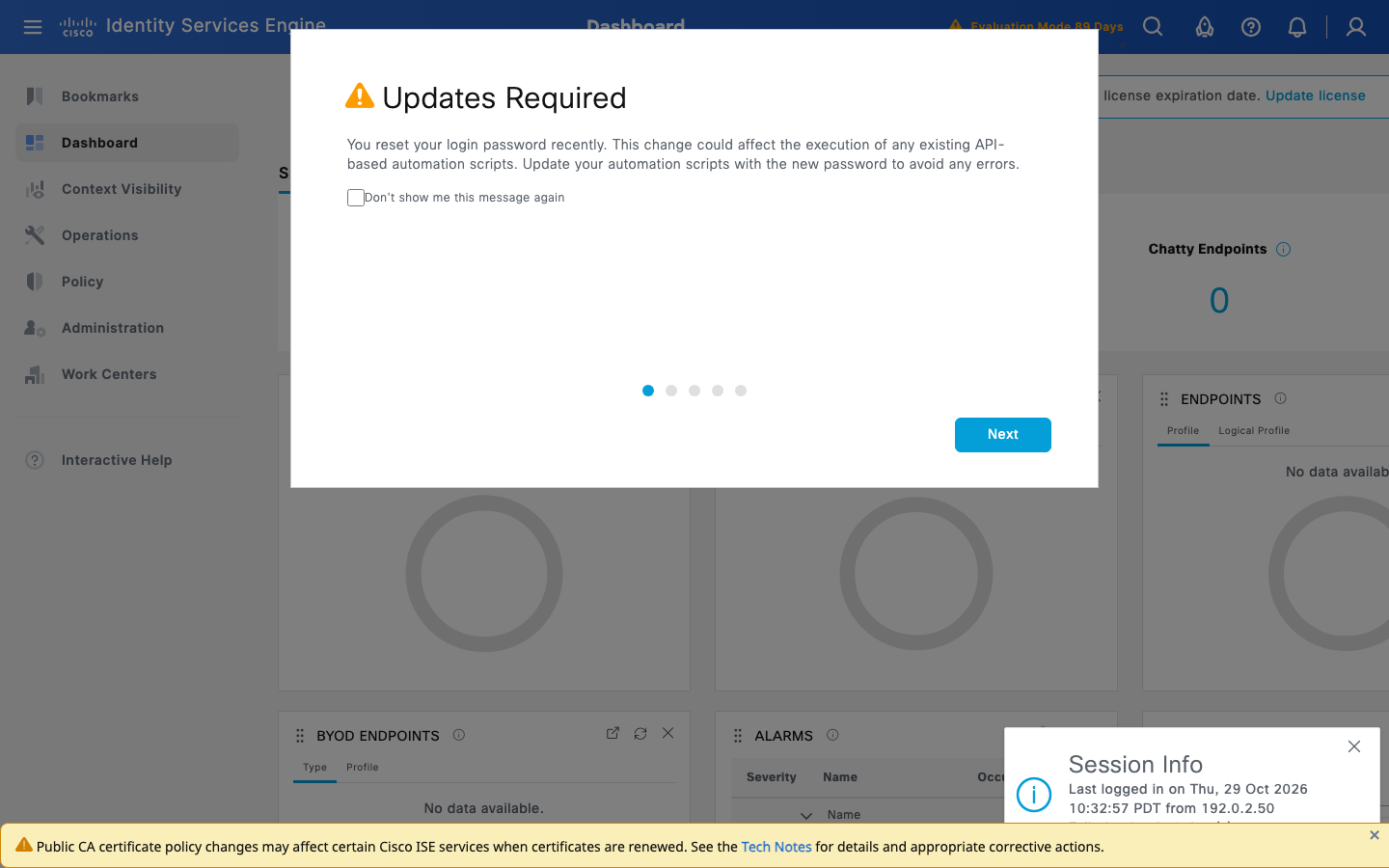 Cisco ISE 3.5 Updates Required welcome carousel after the password reset
