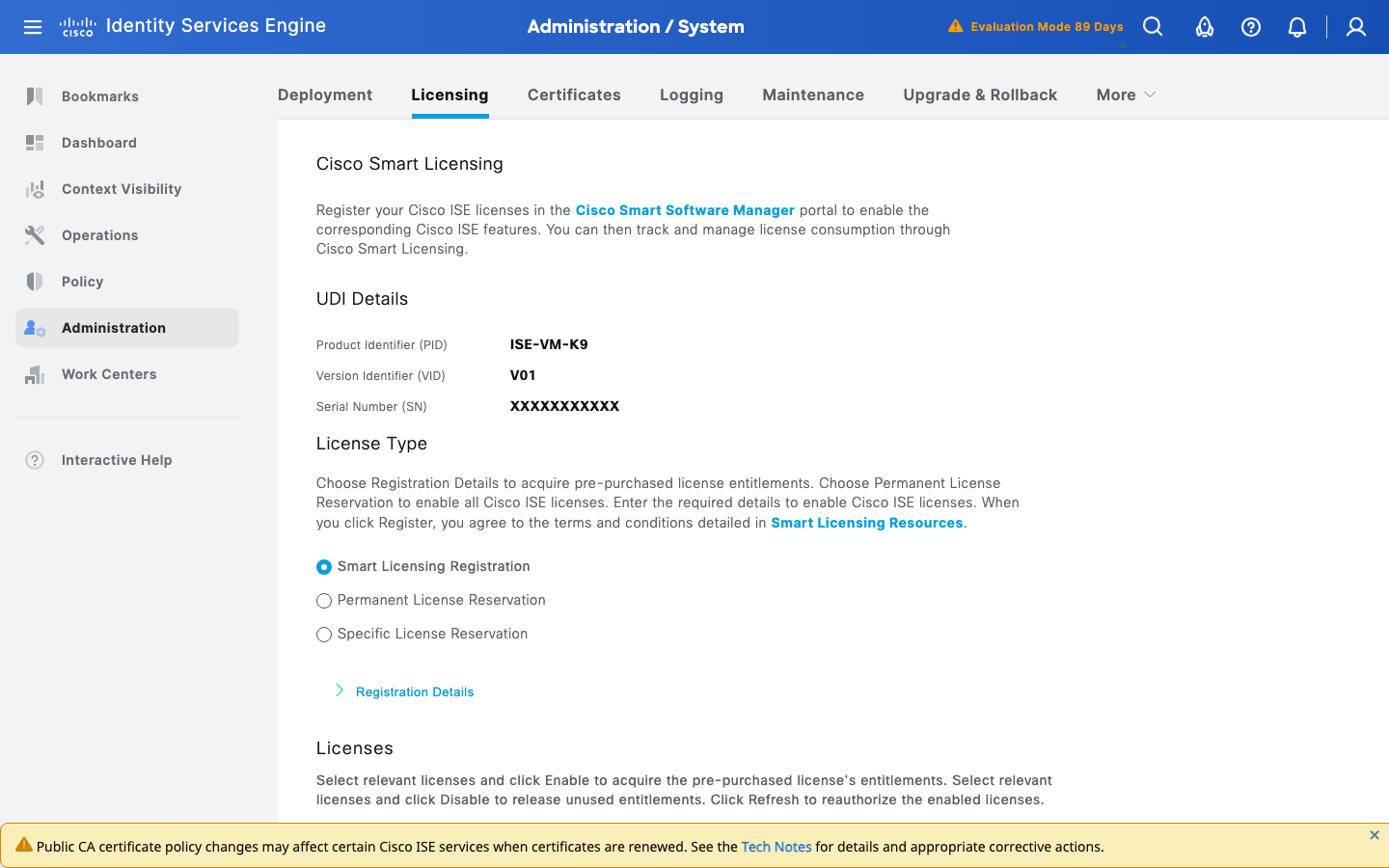 Cisco ISE 3.5 Licensing page with UDI ISE-VM-K9 V01, serial redacted, and Smart Licensing options