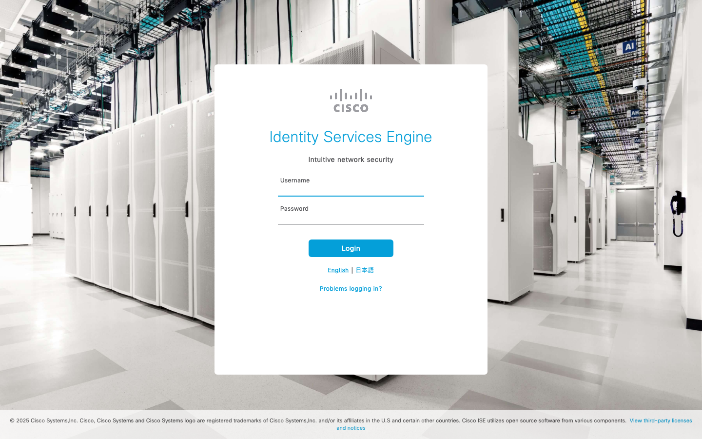 Cisco ISE 3.5 admin login page with username and password fields
