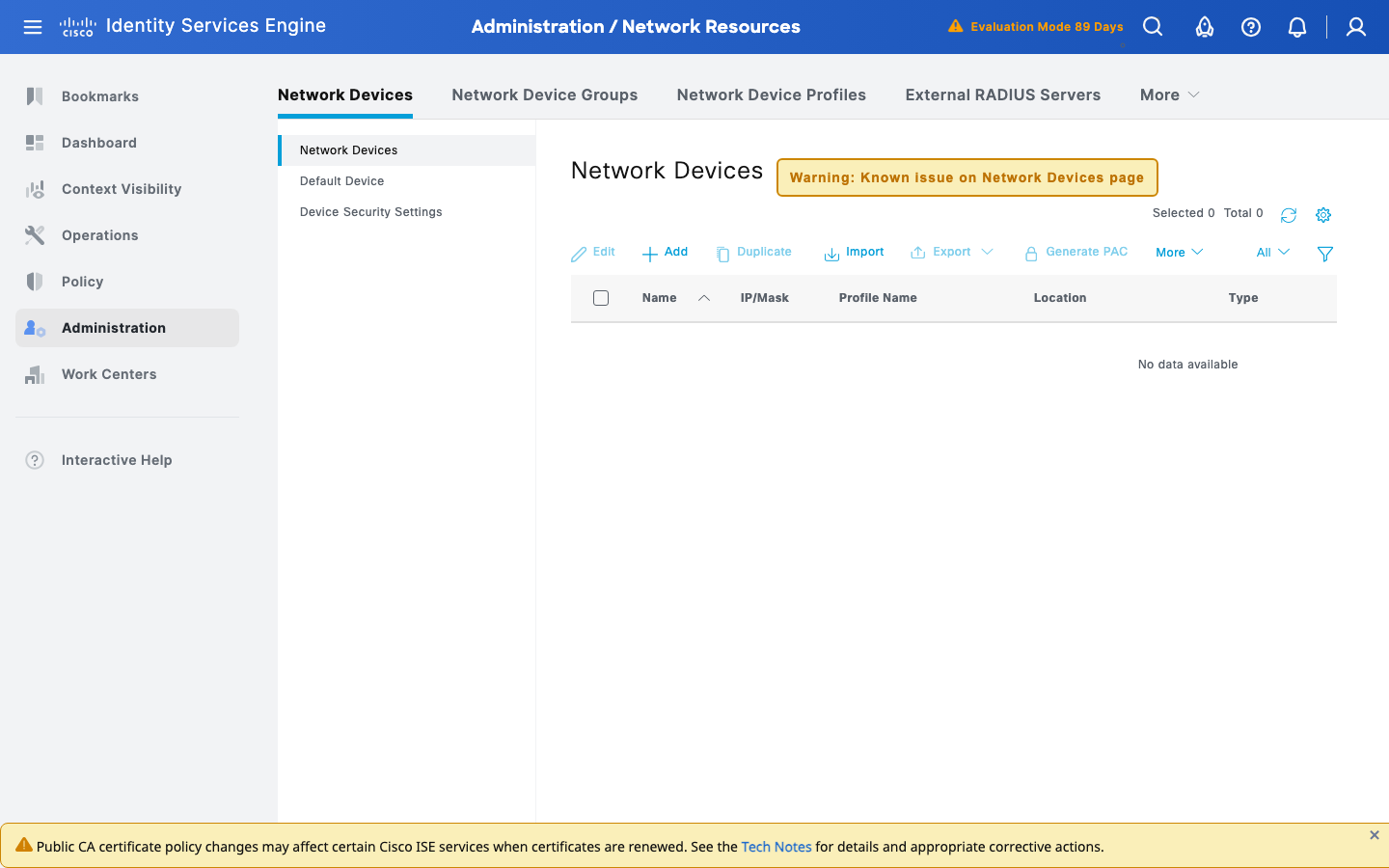 Cisco ISE 3.5 empty Network Devices list