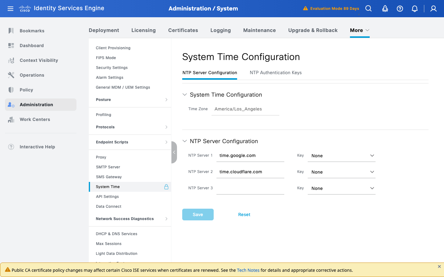 Cisco ISE 3.5 System Time page with America/Los_Angeles and two NTP servers