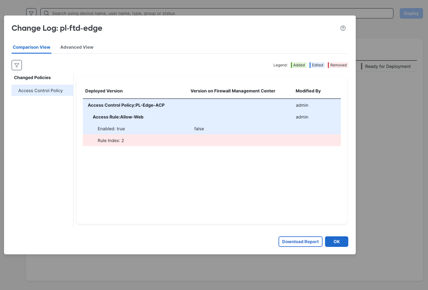 Before deployment, the preview shows Allow-Web enabled on the device and disabled in FMC.