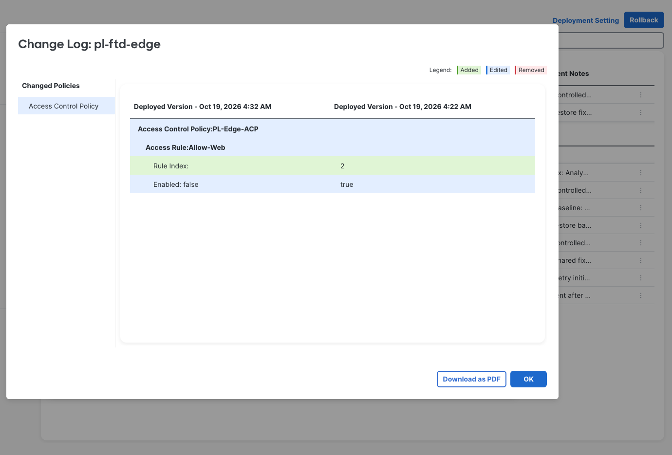 Rollback Preview compares Allow-Web disabled at 4:32 AM with enabled at 4:22 AM.