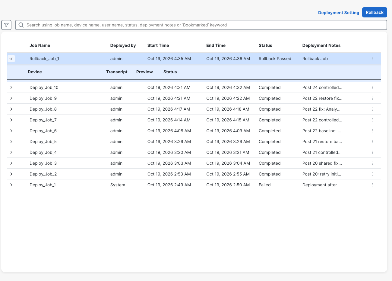 Deployment History records Rollback_Job_1 with status Rollback Passed.