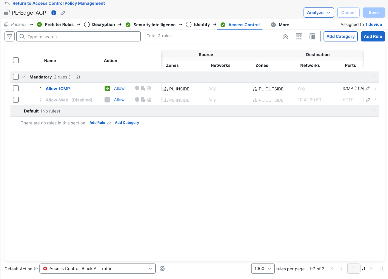 After successful rollback, FMC's ACP editor still shows Allow-Web (Disabled) and default Block.