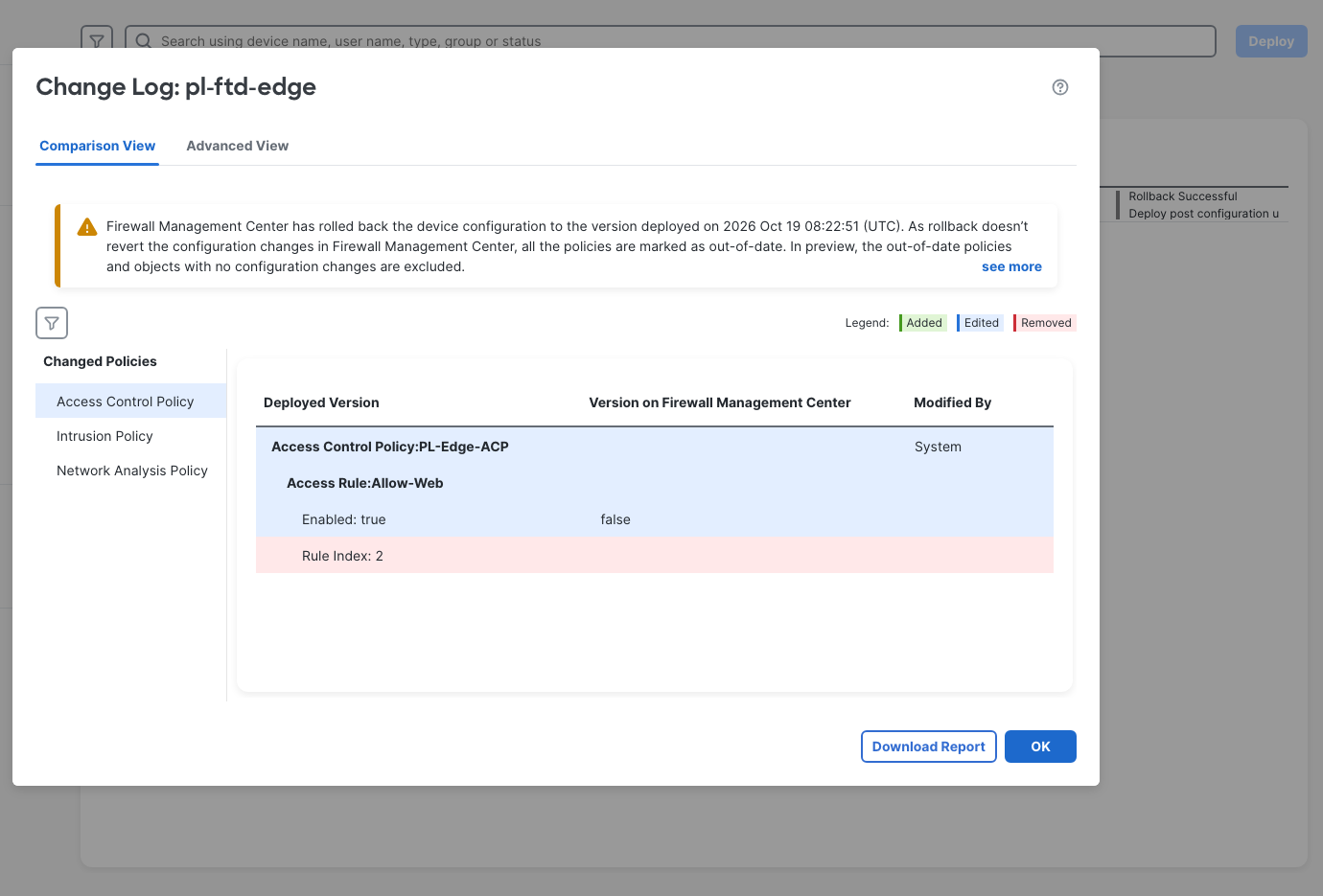 After rollback, Preview shows deployed Allow-Web enabled while FMC remains disabled, alongside the warning about out-of-date policies.