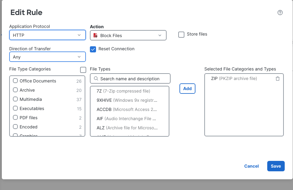 The edited rule shows HTTP, Direction Any, ZIP selected, and Reset Connection checked.