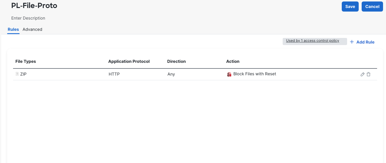 The saved fixed rule is ZIP, HTTP, Direction Any, and Block Files with Reset; one access control policy uses it.