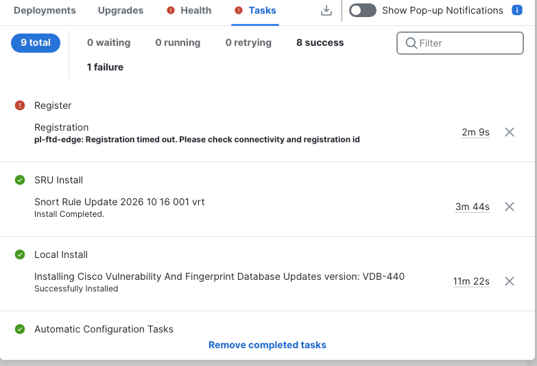 FMC Tasks shows registration failed after 2m9s with the connectivity and registration ID timeout message.