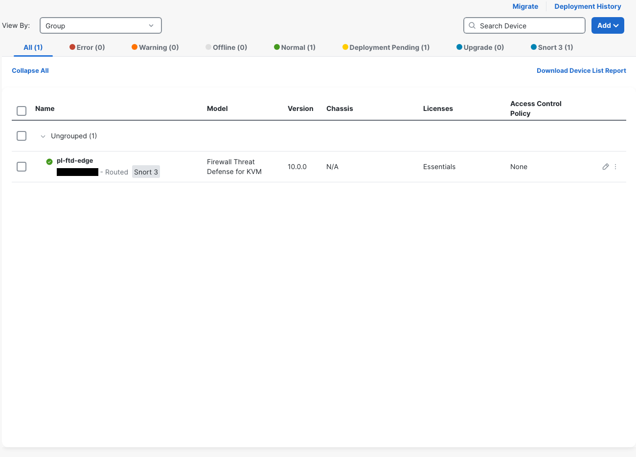 Device Management lists pl-ftd-edge as Normal on version 10.0.0 with Essentials, while Deployment Pending remains 1.