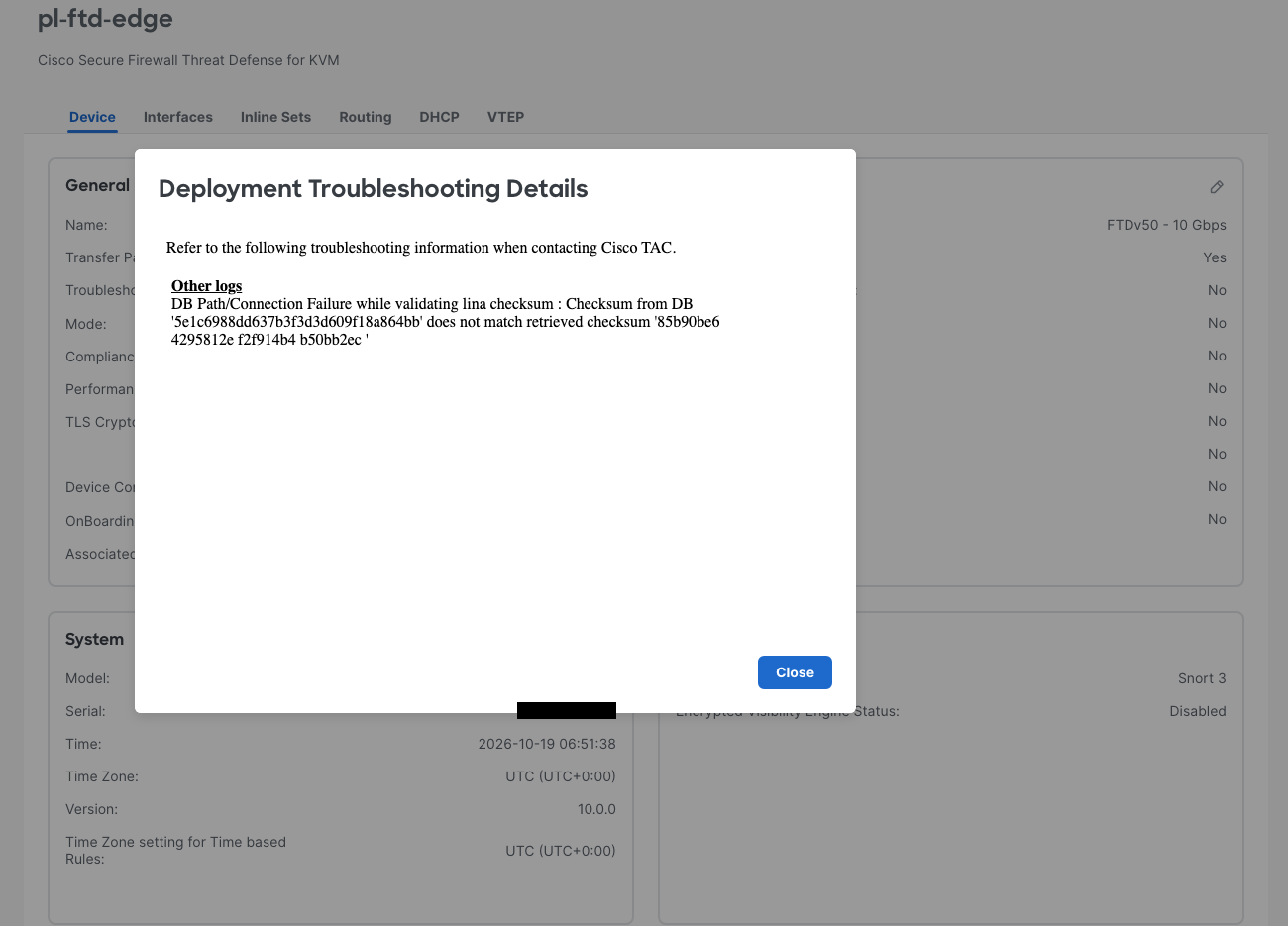 The initial automatic deployment troubleshooting dialog reports a LINA checksum mismatch.