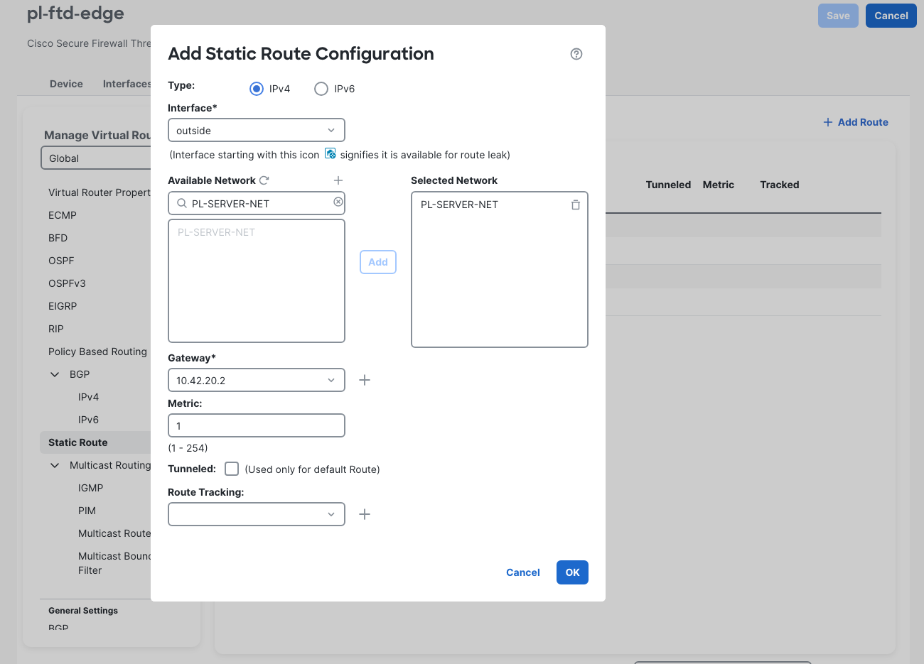 The static route dialog selects PL-SERVER-NET on outside through gateway 10.42.20.2 with metric 1.