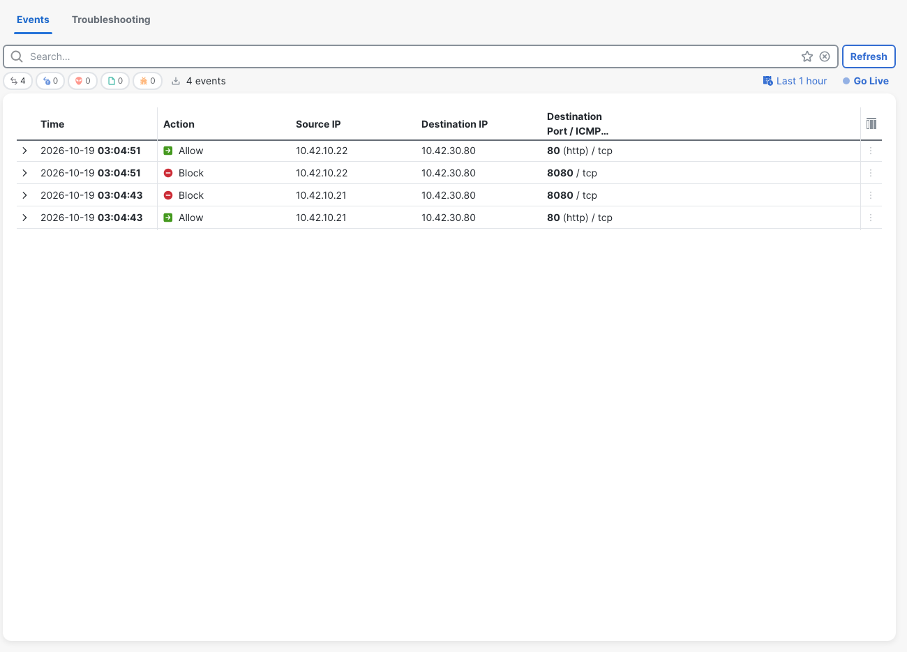 Unified Events with Last 1 hour selected shows both clients allowed to 10.42.30.80 TCP/80 and blocked to TCP/8080.