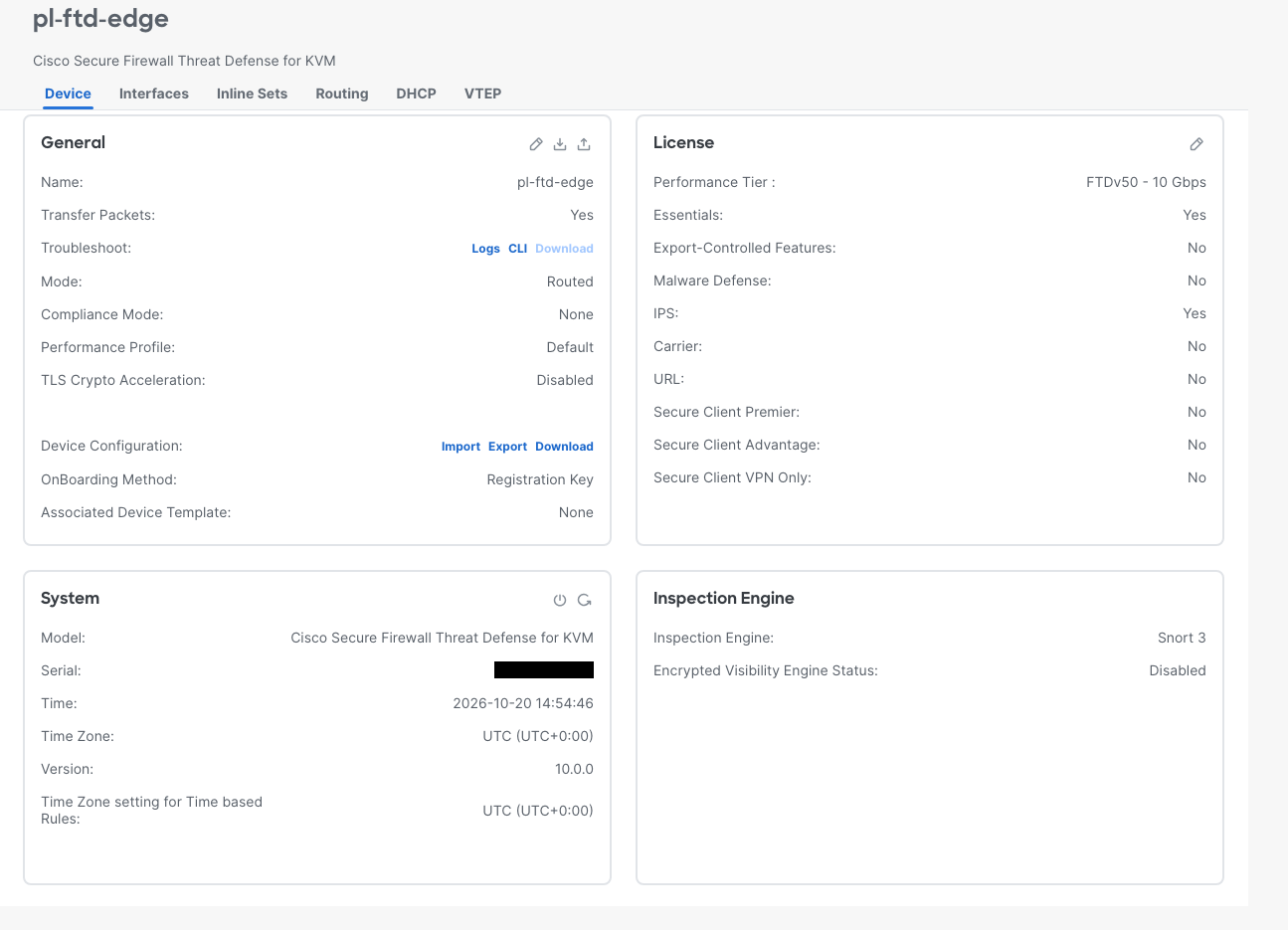 The device page shows Essentials and IPS enabled, FTD version 10.0.0, and Snort 3 as the Inspection Engine.