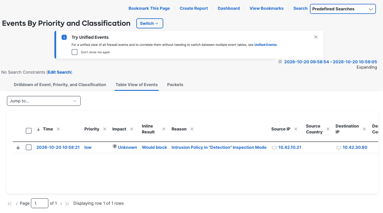 The Detection intrusion event shows Would block and the reason Intrusion Policy in "Detection" Inspection Mode.