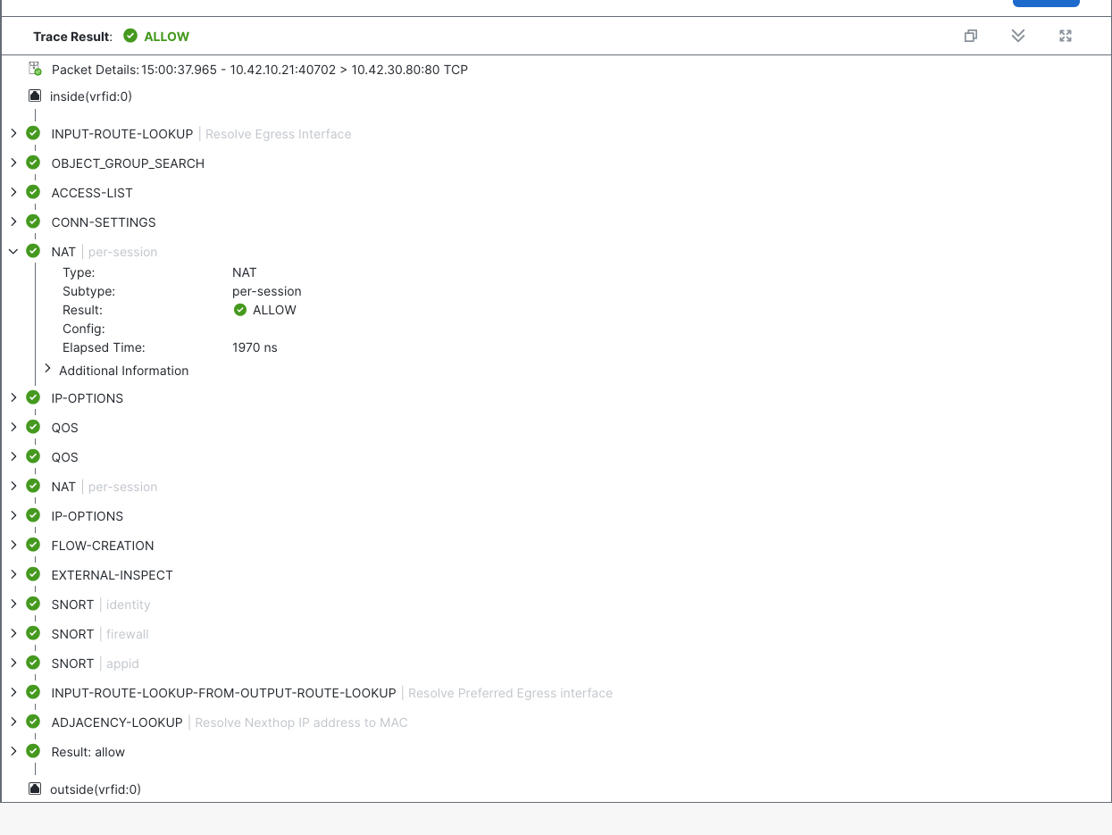 The Detection GUI TCP simulation returns ALLOW, with SNORT phase indicators and an empty Config in the expanded per-session NAT phase.