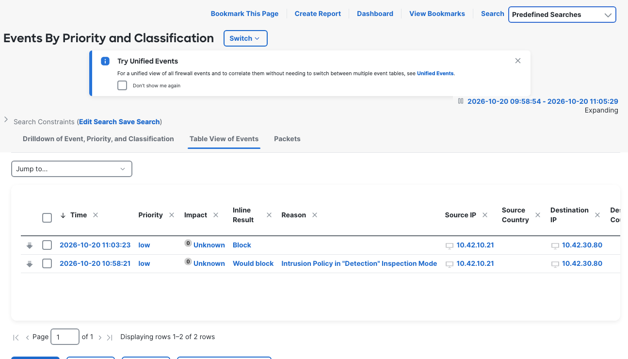 Intrusion Events shows the later Block result above the earlier Would block result and its Detection-mode reason.