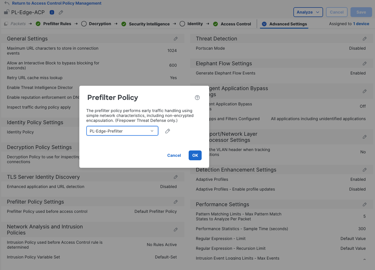 ACP Advanced Settings selects PL-Edge-Prefilter in the Prefilter Policy dialog.