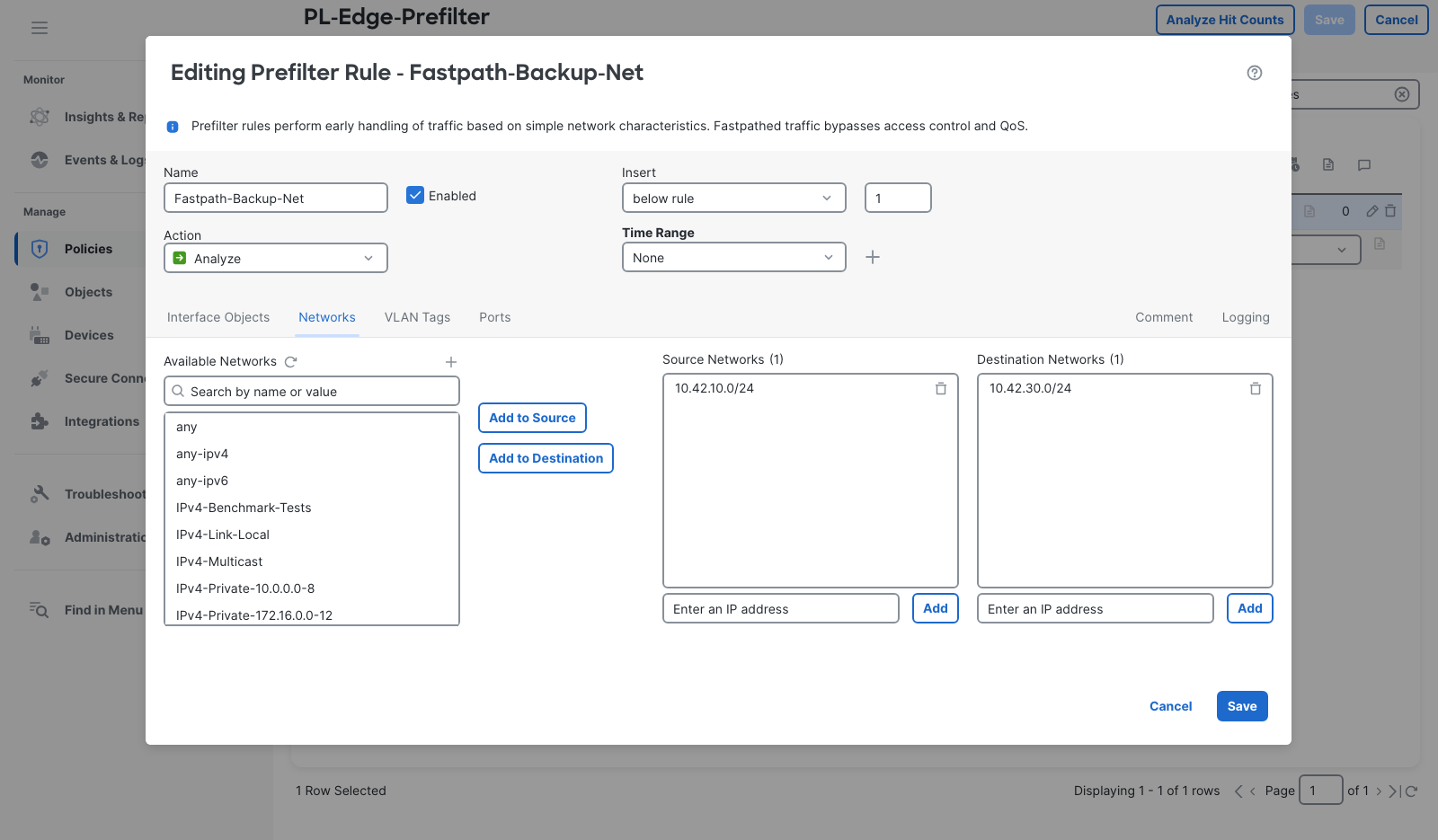 The saved Fastpath-Backup-Net editor shows Analyze with source 10.42.10.0/24 and destination 10.42.30.0/24.
