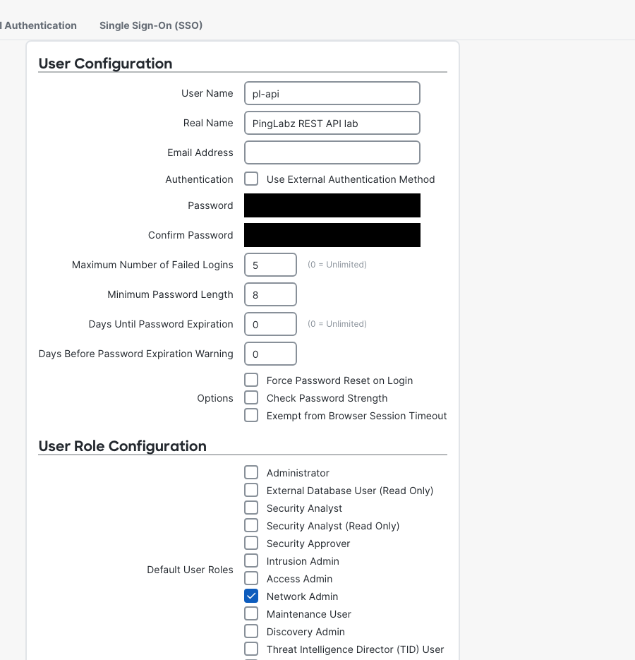 Create User shows pl-api with Network Admin selected and Force Password Reset on Login unchecked.