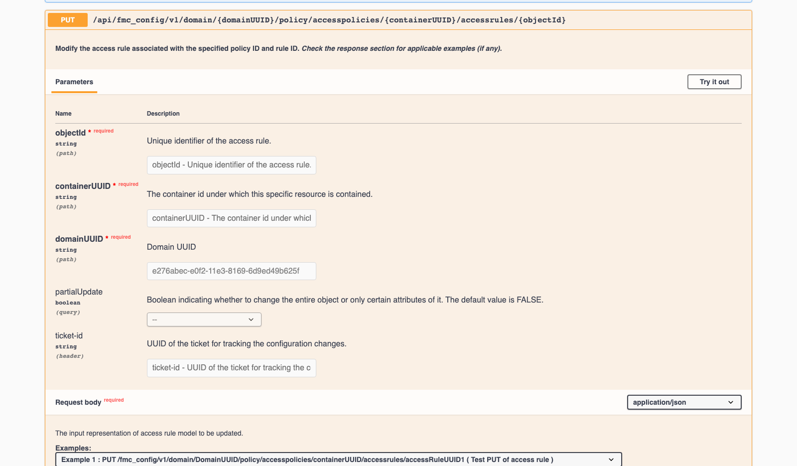 FMC API Explorer shows the expanded access-rule PUT operation and its object, policy and domain parameters.