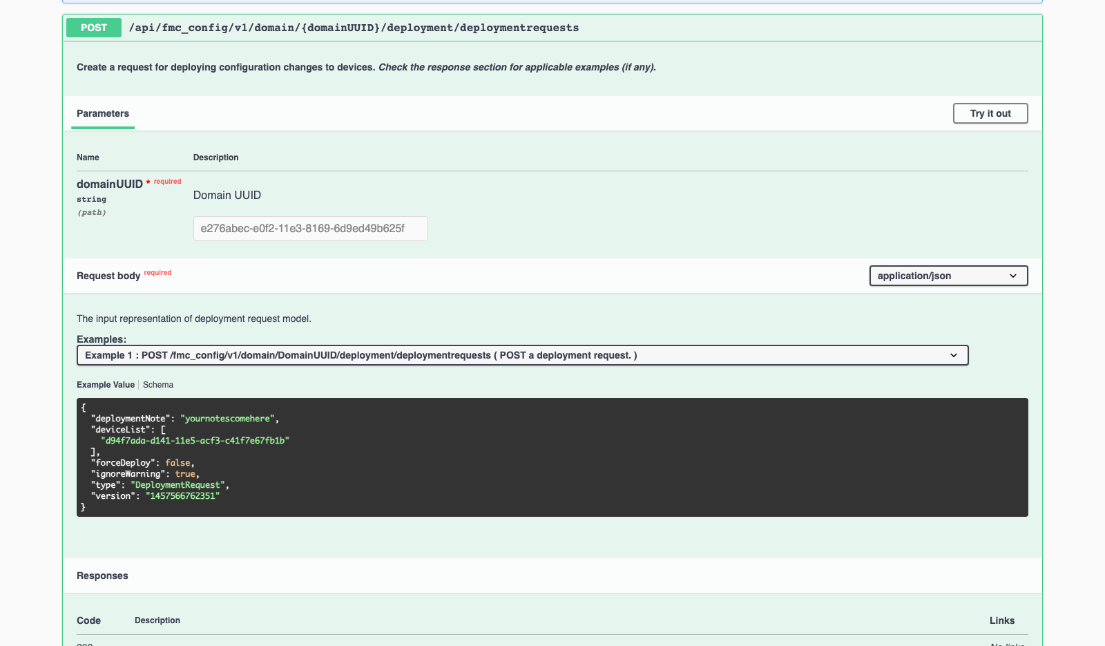 FMC API Explorer shows the deploymentrequests POST operation and its DeploymentRequest example.
