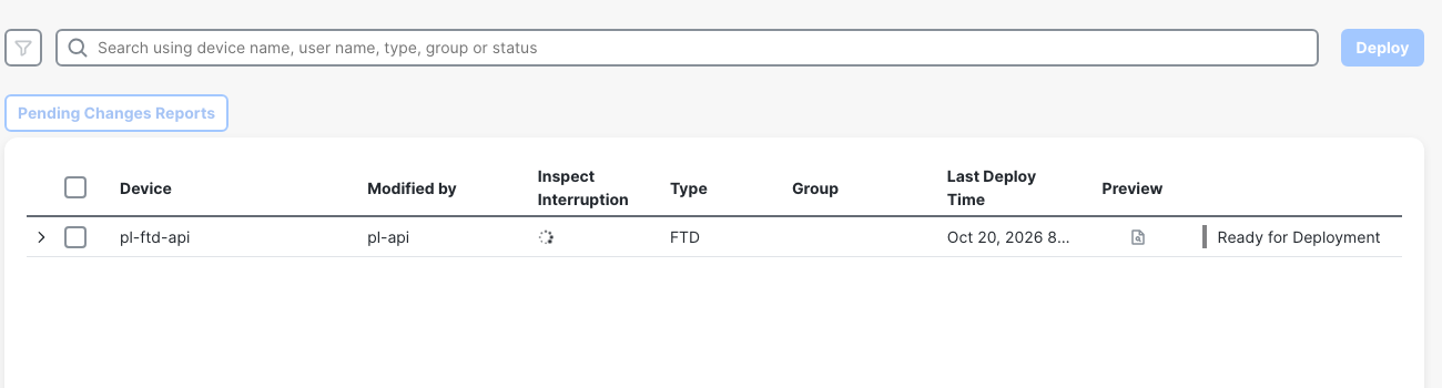 After v1, Advanced Deploy lists pl-ftd-api as Ready for Deployment, modified by pl-api.
