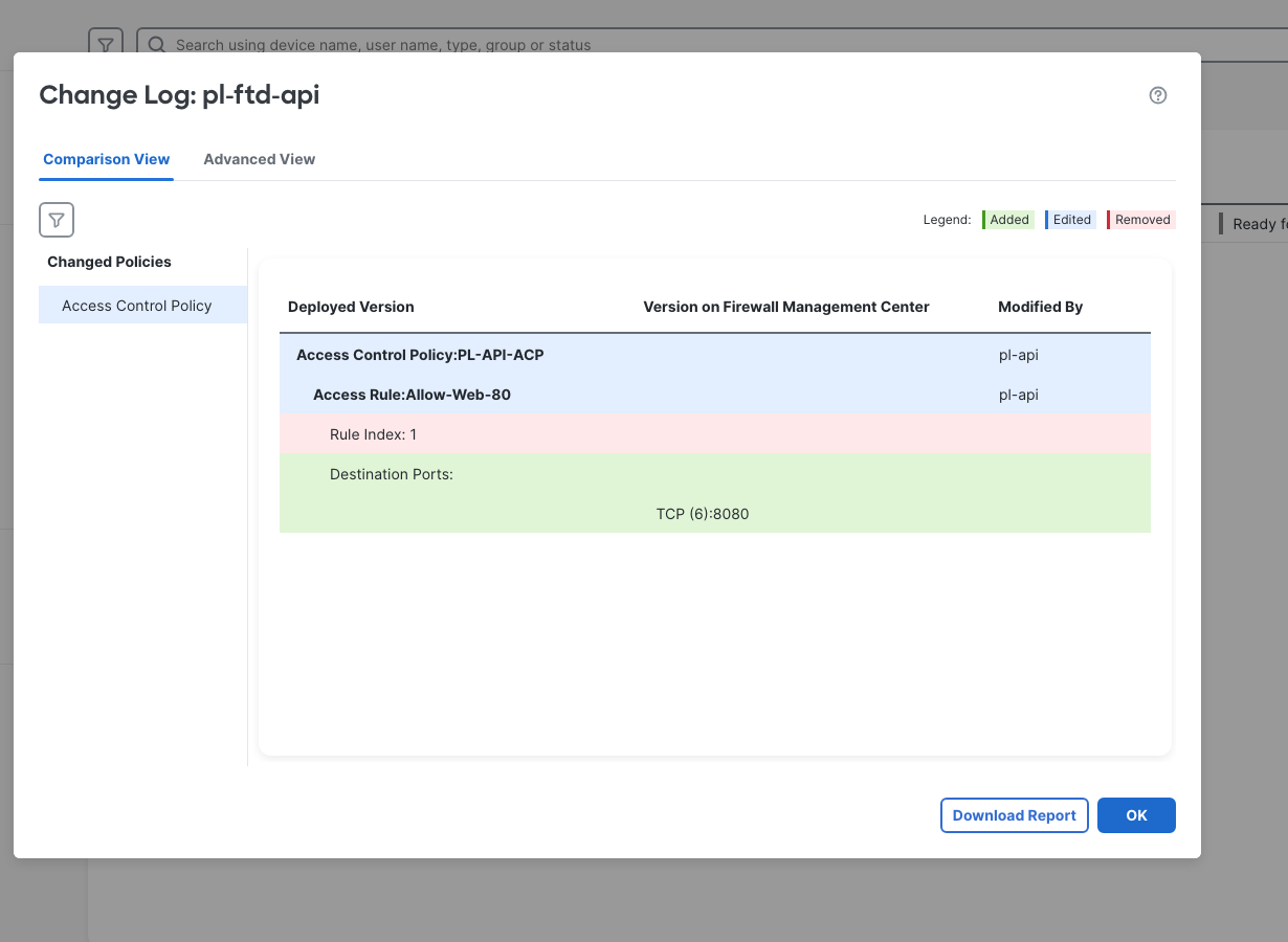 Change Log Comparison View shows TCP (6):8080 added to Allow-Web-80, modified by pl-api.