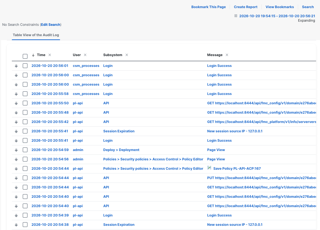 Audit Logs show pl-api access-rule PUT and Save Policy entries alongside login and session-expiration rows.