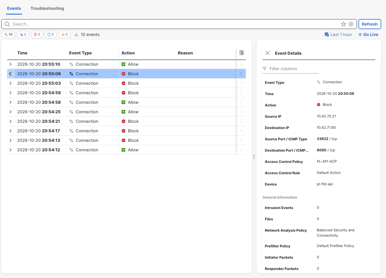 Post-v1 Unified Events identifies the source-port 33622 connection to TCP/8080 as Block by Default Action.