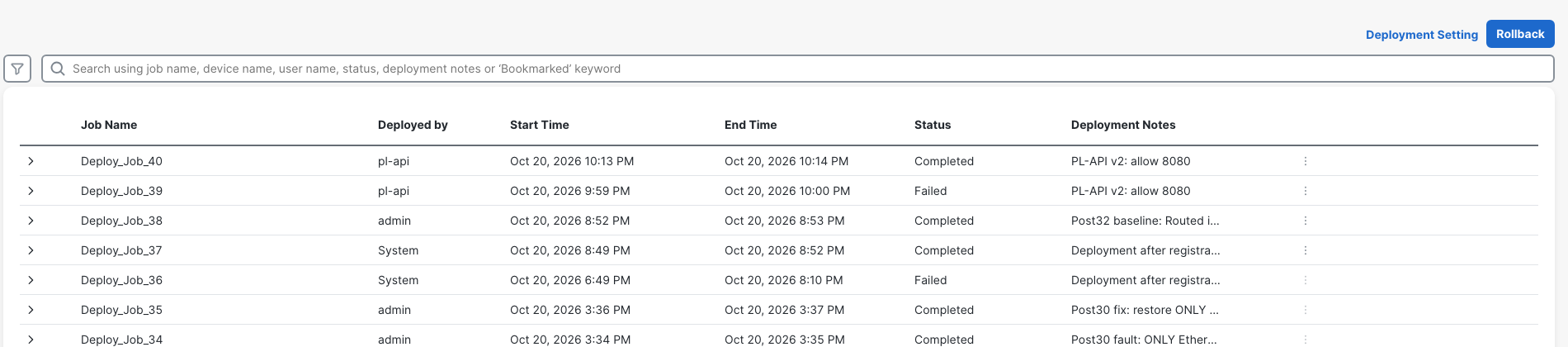 Deployment History shows Deploy_Job_40 Completed under pl-api with the v2 note, above failed Deploy_Job_39.