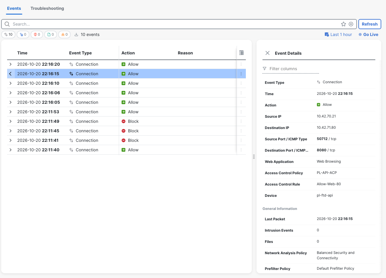 After deployment, Unified Events identifies the source-port 50712 connection to TCP/8080 as Allow by Allow-Web-80.