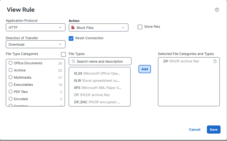 The file rule selects HTTP Download and ZIP only, with Block Files and Reset Connection checked.