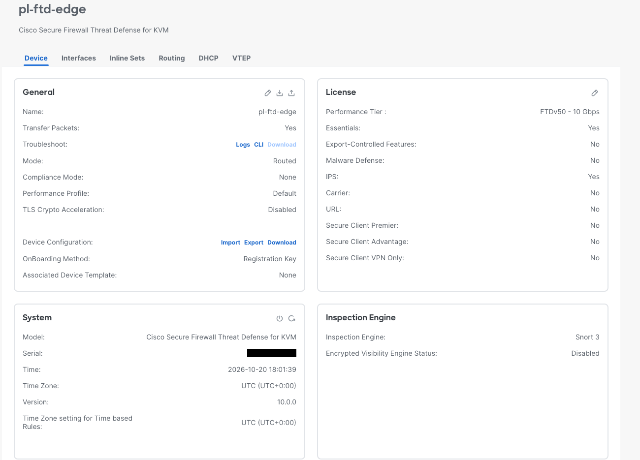 Device settings show IPS Yes, Malware Defense No, and the Snort 3 inspection engine.