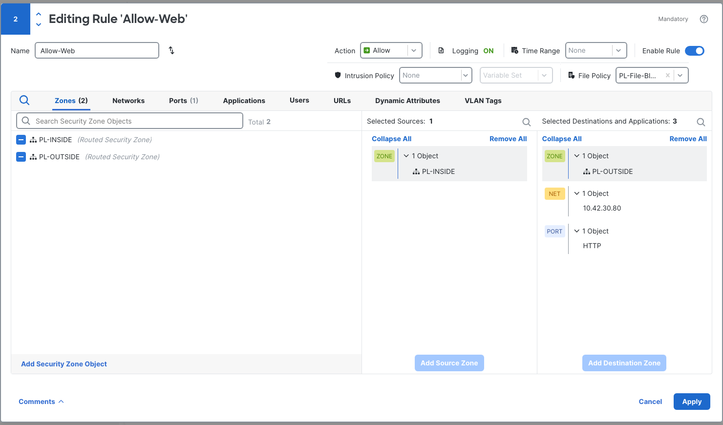Allow-Web now has a selected file policy; the label is clipped in the selector, and Intrusion Policy remains None.