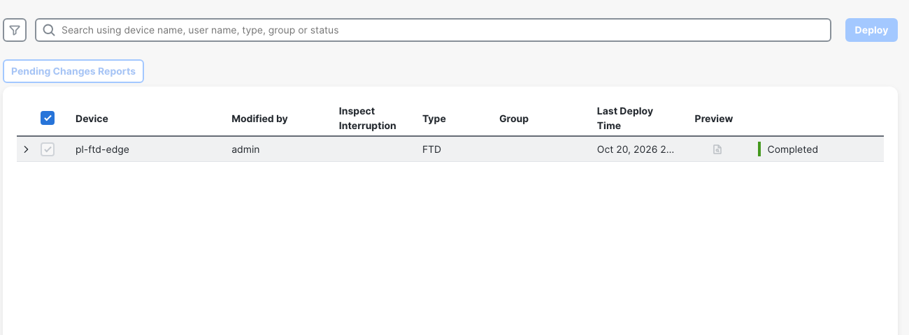 The deployment view shows Completed for the FTD device after the file-policy attachment was deployed.