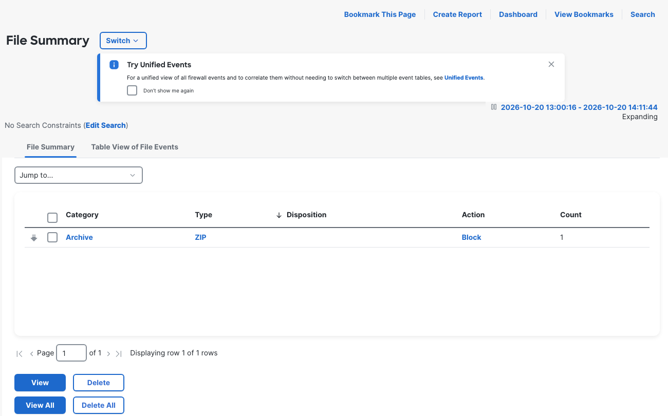 File Summary shows Category Archive, Type ZIP, blank Disposition, Action Block, and Count 1.