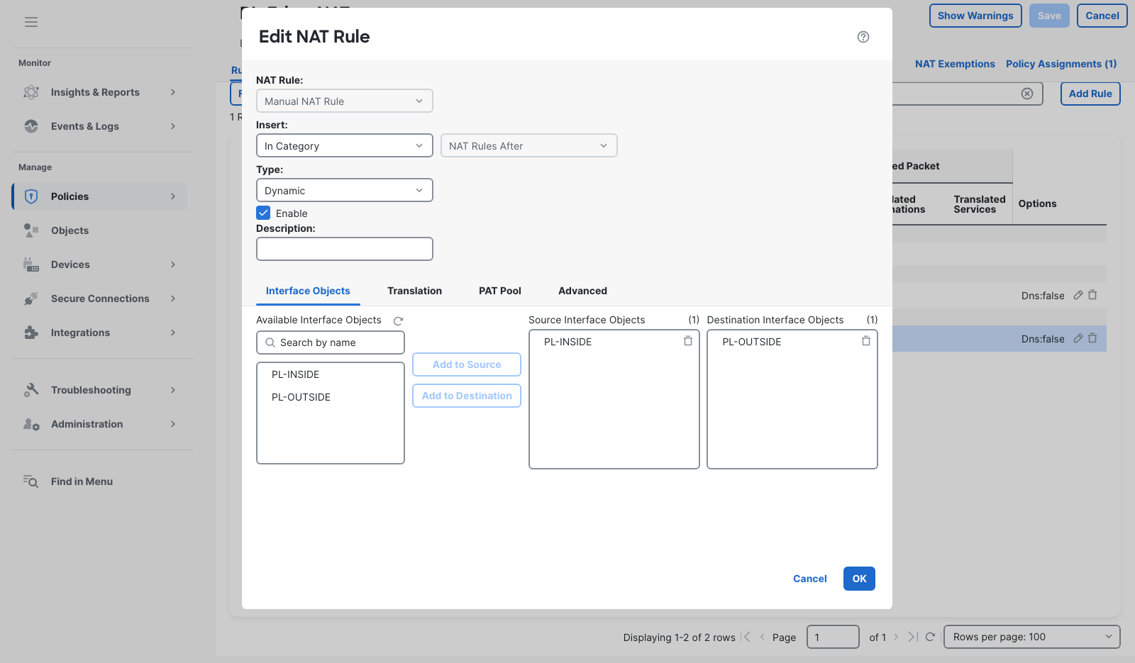 FMC 10.0.1 Edit NAT Rule shows the existing NAT Rules After category disabled, so this dialog cannot change the rule's section.