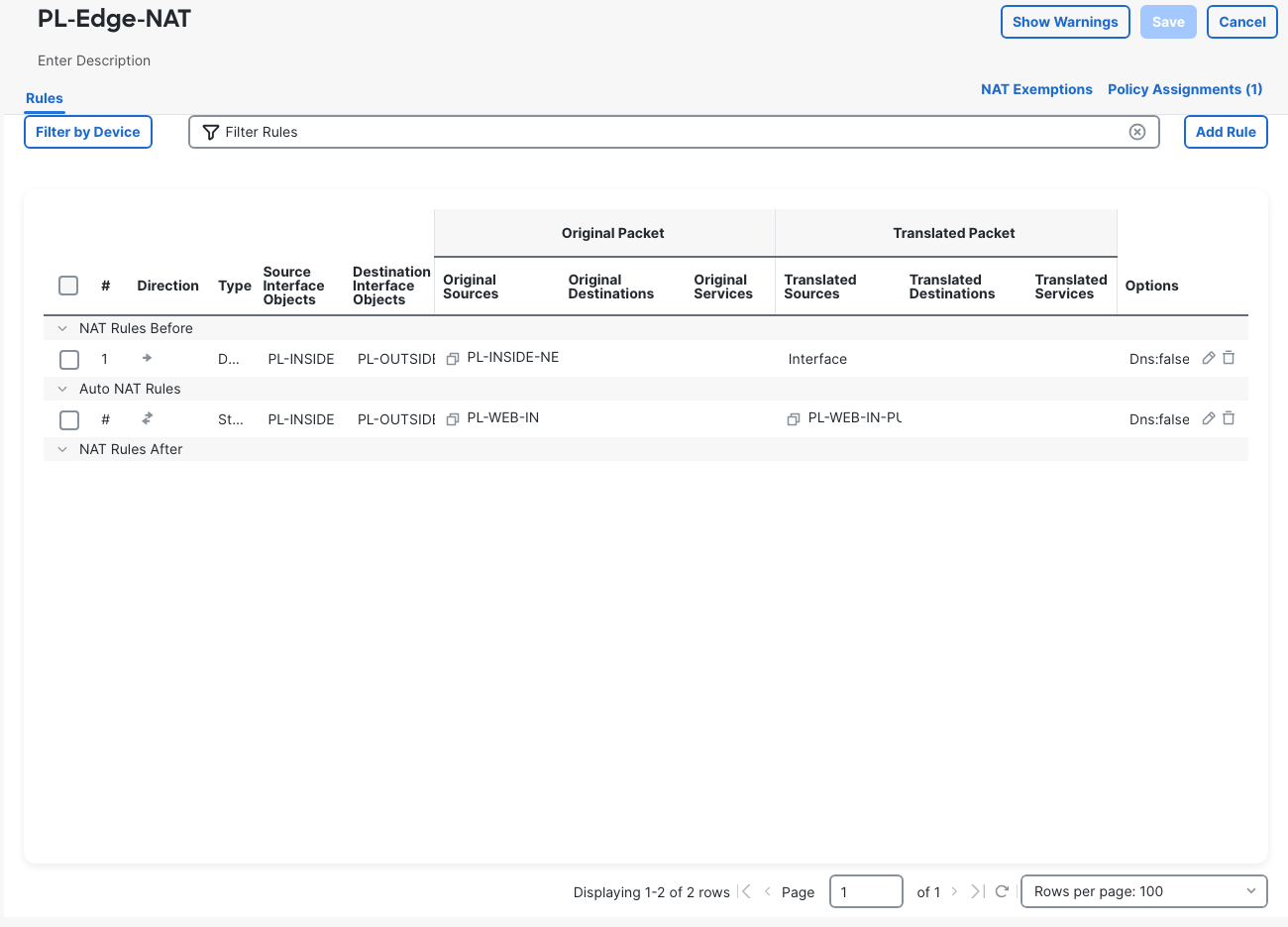 The fault policy places broad dynamic interface PAT in NAT Rules Before, leaves static Auto NAT in place and has an empty NAT Rules After section.