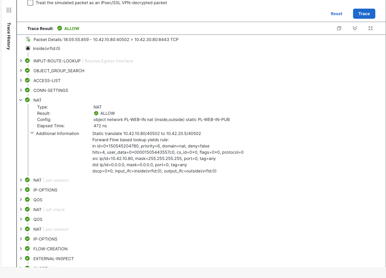 A fresh fixed GUI trace for web-in:40502 to partner TCP/8443 shows ALLOW and static translation to 10.42.20.5.