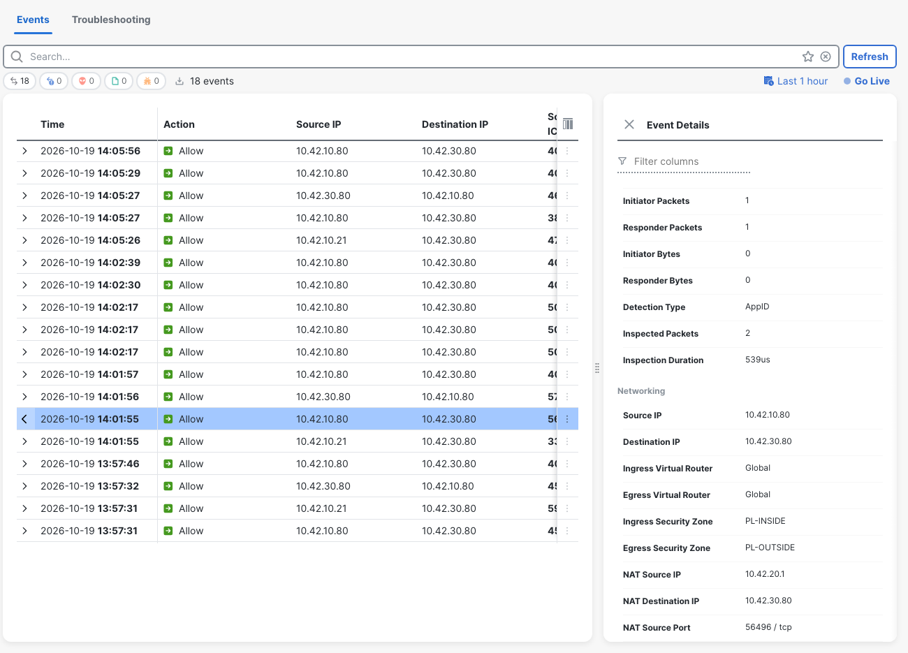 Networking details for the historical fault API event show web-in 10.42.10.80, NAT Source IP 10.42.20.1, the inside/outside zones and NAT source port 56496.