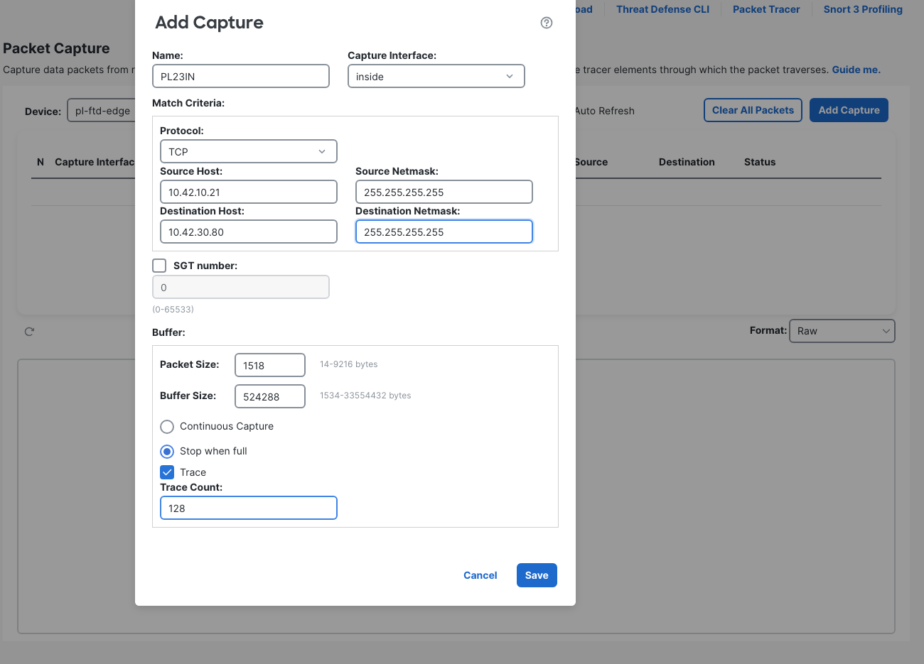 Add Capture configured as PL23IN on inside, matching the two TCP hosts with Trace enabled and a count of 128.